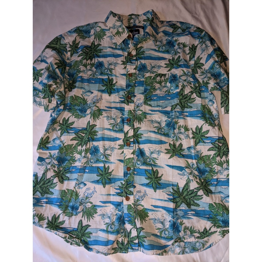 Old Navy Hawaiian Shirt Button Front Size XL Cotton Palm Trees Floral Fish Top